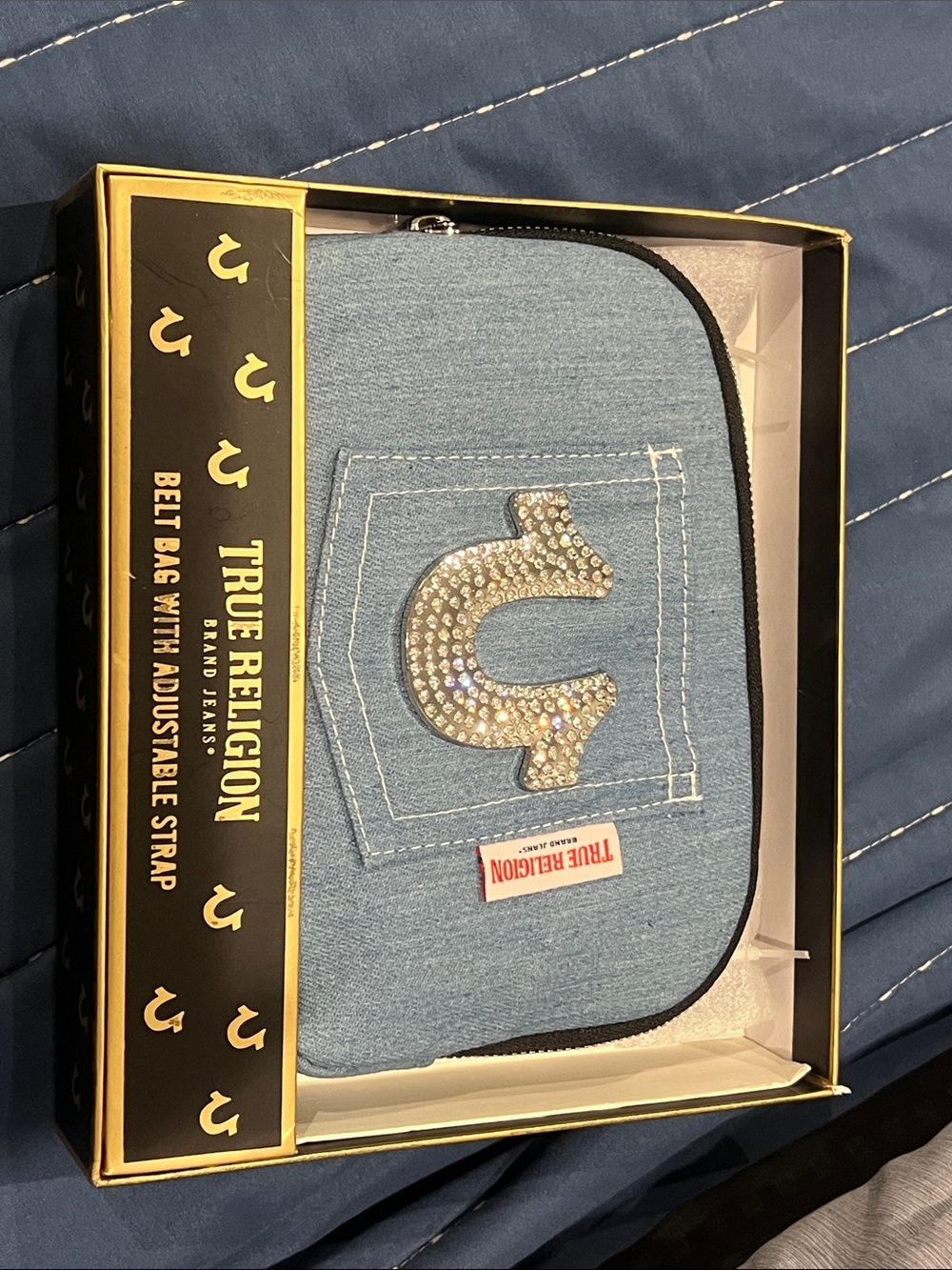True Religion Light Blue Denim Rhinestone Belt Bag